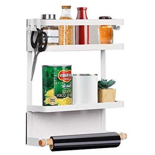 RZChome Rack Fridge Wood Organizer Refrigerator Side Storage Rack Paper Towel Holder, Rustproof Spice Jars Rack Kitchen Storage Wrap Rack Organizer Refrigerator Shelf Storage Adjustable Cabinet