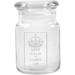 Clear Glass Herb Stash Jar with Lid 4.5 oz with Keep Calm and Carry On Logo from Smoke Promos