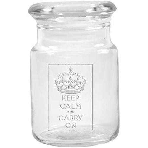 Clear Glass Herb Stash Jar with Lid 4.5 oz with Keep Calm and Carry On Logo from Smoke Promos
