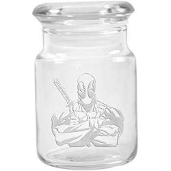 Clear Glass Herb Stash Jar with Lid 4.5 oz with Deadpool Logo from Smoke Promos