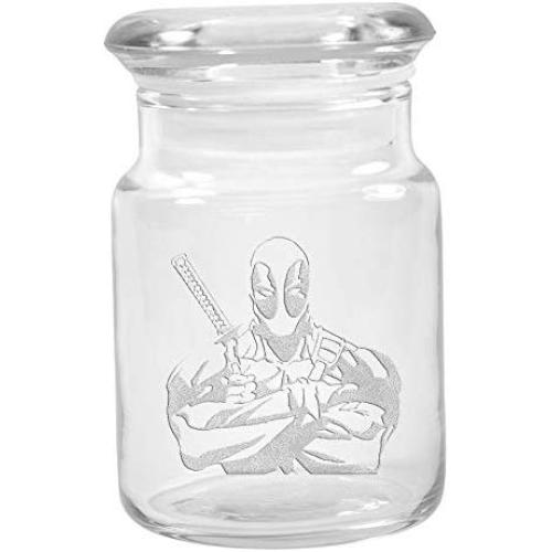 Clear Glass Herb Stash Jar with Lid 4.5 oz with Deadpool Logo from Smoke Promos