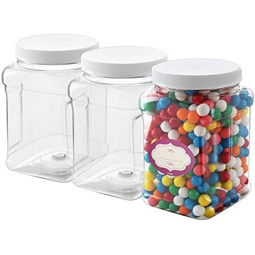 Clear Empty Plastic Storage containers with Lids - Square Plastic Containers - Plastic Jars with Lids ? BPA Free Plastic Jar - Food Grade Air Tight with Easy Grip Handles (3 Pack 64 Oz)