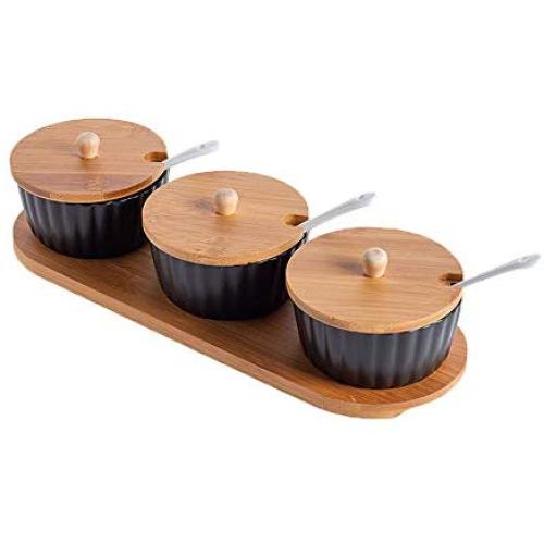Seasoning Jars, Seasoning Storage, Ceramic Seasoning Jar Set of 3 (with Bamboo Cover), Storage of Salt/Pepper/Sugar/Sesame, Creative Home Gifts,Black