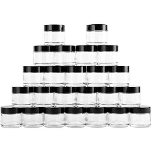 2 oz Clear Round Glass Jars (24 Pack), SXUDA Empty Cosmetic Containers with Inner Liners and black Lids For Slime, Beauty Products, Cosmetic, Lotion，Powders and Ointments