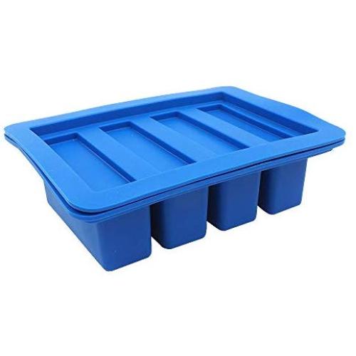 YHSWE 1 Blue Silicone Butter Mold Tray with Lid Storage Jar Large 4 Cavities Rectangle Container for Butter Pudding Soap Chocolate Cheesecake Ice Cube Bar