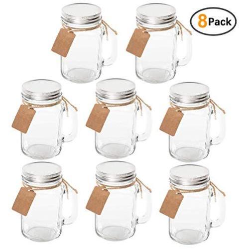 Maredash 8 Pack Mason Jars With Handle Lids with Chalkboard Labels and Tin Lids 16 OZ For Favors