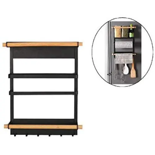 Küchenregal Organizer für Kühlschrank Seitenschutz Regal mit Küchenpapierhalter und Gewürzbehältern, verstellbare Türablage, Schwarz