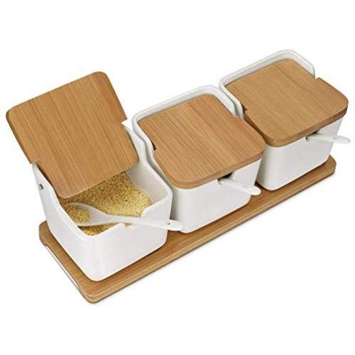 Keramische Gewürzdosen mit Lidselbst, Bambusgewürzbehälter mit Deckeln, Zuckeraufbewahrungsbehälter und Salzgewürzbox für Küche und Zuhause, Weiß, 250 ml (8,54 OZ), Set von 3
