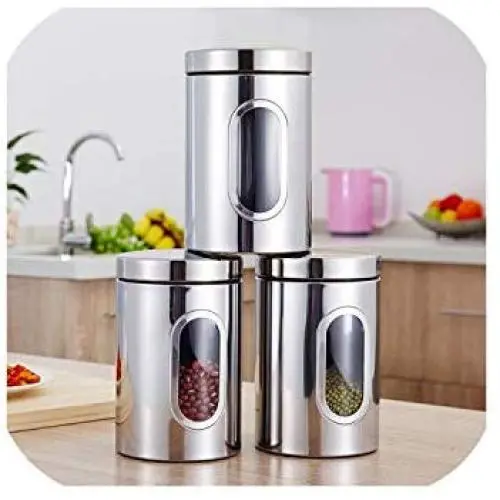 3Pcs Cans Sealed Biscuits Kitchen Container Grains With Lid Easy Clean Tea Coffee Storage Jar Stainless Steel Sugar Food,Silver