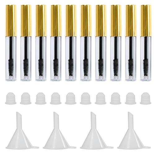 10Pcs 4ml Empty Mascara Tube and Wand, DIY Mascara Container with Cap,eyelash Tubes Vials Bottle with Rubber Inserts and Funnels Kit for Castor Oil(Gold)