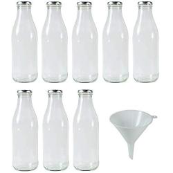 Viva Haushaltswaren # 62265 # 8 Bottles Wide Neck 1 Litre Milk/Juice Bottles with Pouring Funnel 9 cm Diameter Glass Bottles with Screw, Transparent, 8.8 x 8.8 x 25.9 cm