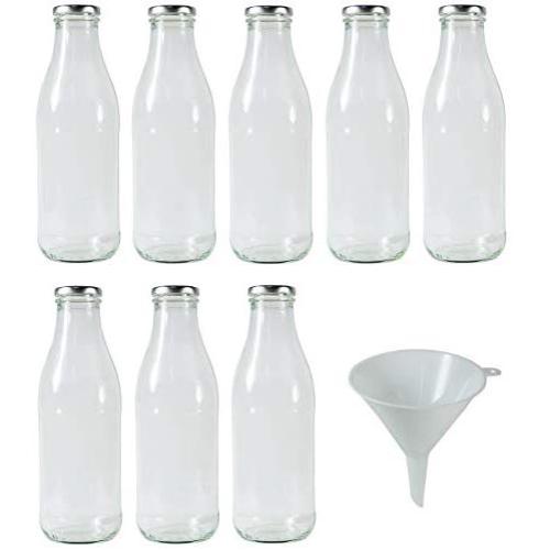 Viva Haushaltswaren # 62265 # 8 Bottles Wide Neck 1 Litre Milk/Juice Bottles with Pouring Funnel 9 cm Diameter Glass Bottles with Screw, Transparent, 8.8 x 8.8 x 25.9 cm