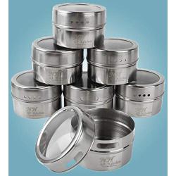 NH-Kitchen Stainless Steel Magnetic Spice Tins: 12-Piece Round Set with Shaker Lids for Herbs & Seasonings + BONUS 4 Measuring Spoons, 24 Labels & Pen