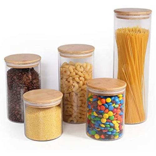 77L Food Storage Canister, (Set of 5) Upgraded Thickened Airtight Food Storage Jar Set with Wooden Lid, [5 Different Sizes] Glass Pantry Canister/Jar Serving for Coffee, Oats, Sugar and More (Clear)