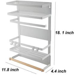 Kitchen Rack - Magnetic Fridge Organizer - 18.1x11.8x4.4 INCH - Paper Towel Holder, Rustproof Spice Jars Rack, Plastic Wrap holder, Refrigerator Shelf Storage Including 5 Removable Hook- 201 (White)