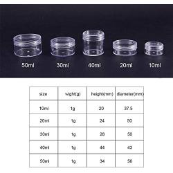 PandaHall Elite About 20 Pcs 10ml 20ml 30ml 40ml 50ml Round Clear Empty Plastic Cosmetic Samples Container Pot Jars Bead Storage Box with Screw Lids for Beads, Jewelry Nails Art, Travel Cream