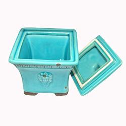 Unique Blue Mystery Ceramic Pottery Tripod Head Cotton Ear Bud Pad Jar Ceramic Storage