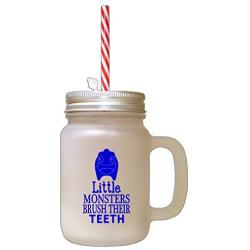 Royal Blue Little Monsters Brush Their Teeth Frosted Glass Mason Jar With Straw