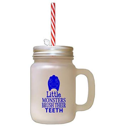 Royal Blue Little Monsters Brush Their Teeth Frosted Glass Mason Jar With Straw