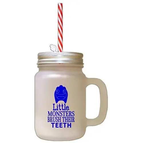 Royal Blue Little Monsters Brush Their Teeth Frosted Glass Mason Jar With Straw