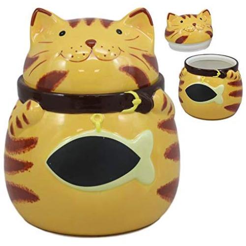 Ebros Ceramic Feline Orange Tabby Fat Cat With Giant Fish Belly Cookie Jar 7.25&quotTall Decorative Kitchen Accessory Figurine As Decor of Cats Kittens or Kitty