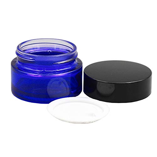 3Pcs 50ml/1.7oz Blue Glass Empty Refillable Cosmetic Jars with Black Cap and Liner Facial Cream Lotion Cases Boxes Pots Tins Containers Dispense Sample Bottle for Cosmetic Cream Balm Storage