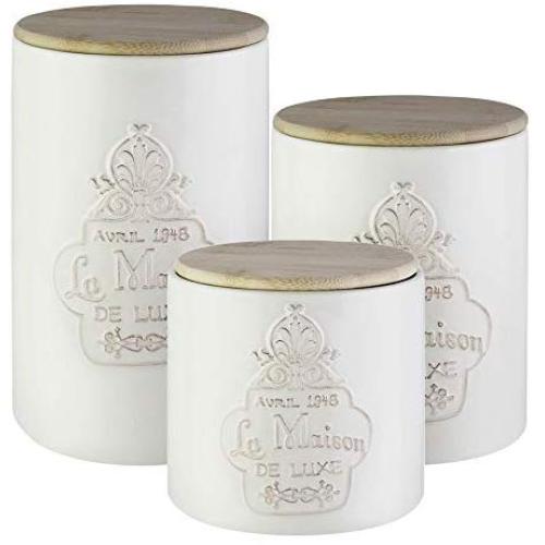 Ensemble de bocaux American Atelier 7303-CAN-RB 3 pièces en céramique, design élégant avec couvercles en bois pour biscuits, bonbons, café, farine, sucre, riz, pâtes, céréales et plus encore, 6,25 x 8,25 x 10,25 pouces.