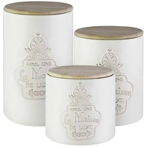 American Atelier 7303-CAN-RB Canister Set 3-Piece Ceramic Jars in Elegant Design w/Wooden Lids for Cookies, Candy, Coffee, Flour, Sugar, Rice, Pasta, Cereal & More, 6.25, 8.25, 10.25", La Maison