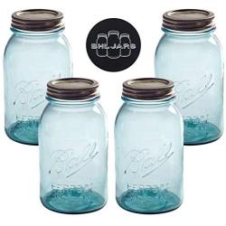 Ball Mason Jars 32 oz Regular Mouth Aqua Vintage Colored Glass Bundle with Non Slip Jar Opener- Set of 4 Quart Size Mason Jars - Canning Glass Jars with Lids