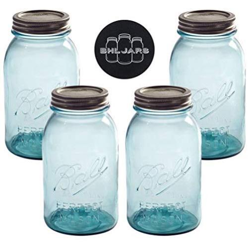 Ball Mason Gläser 32 oz Regular Mouth Vintage Farbige Aqua-Kollektion mit Nicht-Rutsch-Deckelöffner – Set von 4 Quartier-Mason Gläsern – Konservierungsgläser mit Deckeln