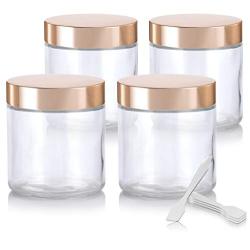 Large Clear Thick Glass Straight Sided Jar with Gold Metal Overshell Lid - 16 oz / 480 ml (4 Pack) + Spatulas