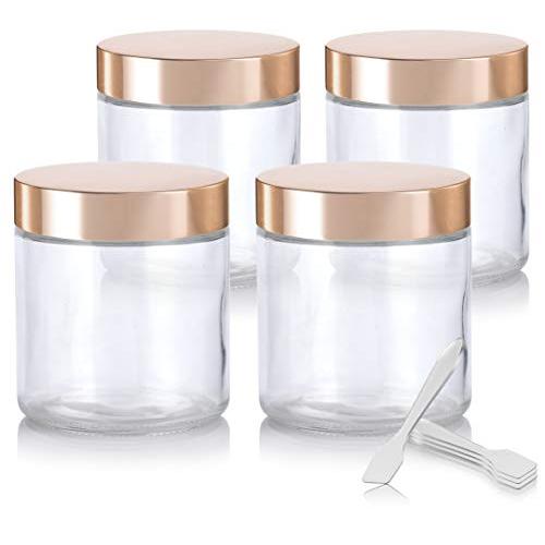 Large Clear Thick Glass Straight Sided Jar with Gold Metal Overshell Lid - 16 oz / 480 ml (4 Pack) + Spatulas