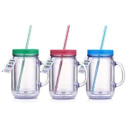 Cupture Double Wall Insulated Plastic Mason Jar Tumbler Mug with Striped Straws - 20 oz, 3 Pack