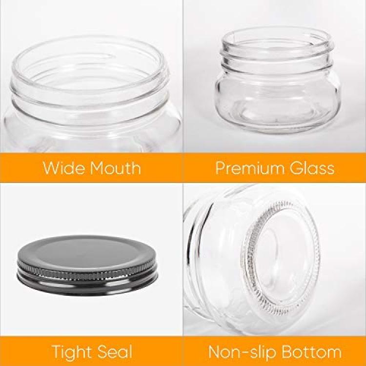 QAPPDA 4oz Glass Jars With Lids,Small Mason Jars Wide Mouth,Mini Canning  Jars With Black Lids For Honey,Jam,Jelly,Baby Foods,Wedding Favor,Shower