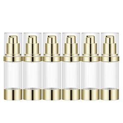 Lil Ray 1 OZ Refillable Airless Pump Bottle, Empty Travel Lotion Container, Plastic Cosmetic Dispenser for Liquid foundation, Lotion, Essential oil, Shampoo (6PCS,Light Gold)