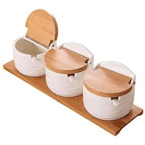 Bouteilles d'Épices Mini Cuisine Pot en Céramique 3 Pièces Créatif Blanc Bambou Bois Retour Facile Bouteilles d'Épices Mini Cuisine Pot en Céramique 3 Pièces Créatif Blanc Bambou Bois Retour Facile