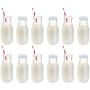 Premium Vials, 11 Oz Glass Milk Bottle Set of 12 - Includes Reusable White Lids and Straws