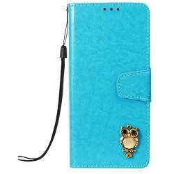 Soft PU Leather Wallet Case for Huawei Mate 20,Flip Stand Case for Huawei Mate 20,Moiky Classic Retro Blue 3D Owl Design Solid Color Purse Folio Magnetic Cover with Wrist Strap