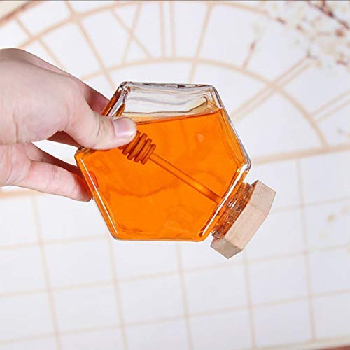 Liitrton Hexagon Shape Honey Pot Jar with Dipper Heat-Resistant Glass Storage Container for Home Kitchen (S)