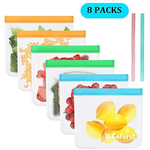 6 Pack Biodegradable Reusable Storage Bags + 2 Silicone Straw - Leakproof BPA Free FDA Grade PEVA Lunch Sandwich Food Bags Freezer Safe Bags Kids Snacks Bags Make-up Travel Home Organi (6 Large)