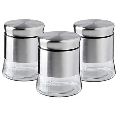 Brushed Stainless Steel and Glass Canister with Airtight Lid, 5.5"H & 24OZ Set of 3 Brushed Stainless Steel and Glass Canister with Airtight Lid, 5.5"H & 24OZ Set of 3
