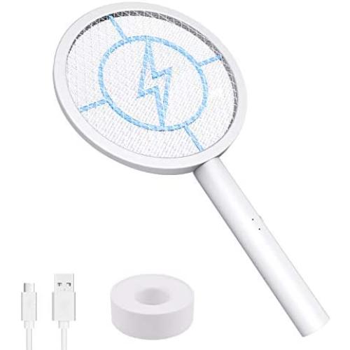 Bug Zapper Mosquito Killer USB Rechargeable Electric Fly Swatter Racket Zap for Home, Outdoor, Pest Insects Control w/Base, 4000v Double Layers Mesh Safety Protection Safe to Touch