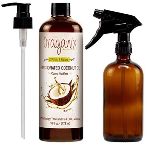 Oraganix Fractionated Coconut Oil with Amber Glass Spray Bottle - 100% Pure Natural 16 Oz Coconut Oil with 16oz Amber Glass Spray Bottle - for Essential Oil, Massage Oil, Skin and Hair Care