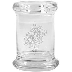 Clear Glass Herb Stash Jar and Lid 2.75 oz with Harley Davidson Logo from Smoke Promos