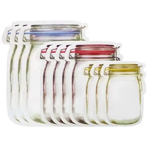 Glasbehälter-Beutel Set, 10/12 Stück, Glaskaraffe-Form, Wiederverwendbar, Snack-Befestiger, Lebensmittel-Aufbewahrung, Sandwich-Beutel, Lebensmittel-Erhaltung, Kekse, Snacks, Kinder, Nahrungsergänzungsmittel, Reißverschluss.