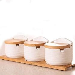 Kitchen seasoning box/Ceramic Condiment Storage Container and Tray White Salt jar Three-Piece Set (Color : A)