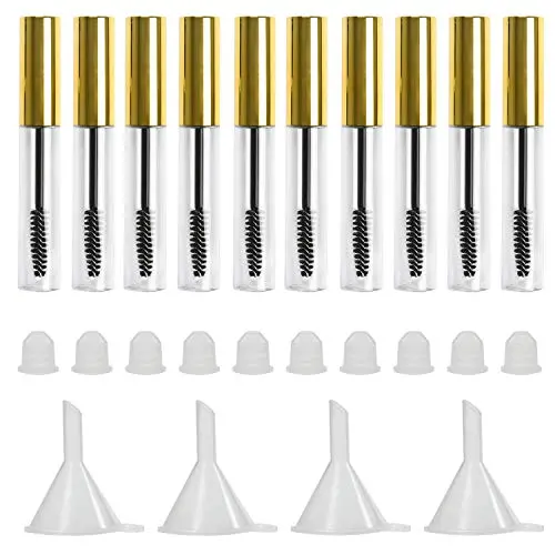 10 Stück 10ml Leere Mascara Tube und Wand, DIY Mascara Behälter mit Verschluss, Eyelash Tubes Flaschen mit Gummidichtungen und Siebtröpfen Set für Rizinusöl (Gold)