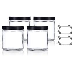 Large Clear Thick Glass Straight Sided Jar - 16 oz / 480 ml (4 Pack) + Labels