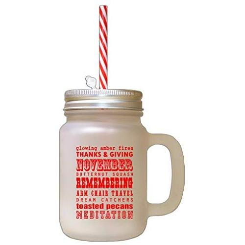 Red November Butternut Squash Fall Season Thanksgiving Frosted Glass Mason Jar With Straw