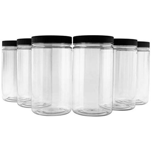 32oz Clear Plastic Jars with Black Ribbed Lids (6 pack): BPA Free PET Quart Size Canisters for Kitchen &amp; Household Storage of Dry Goods, Peanut Butter, and More